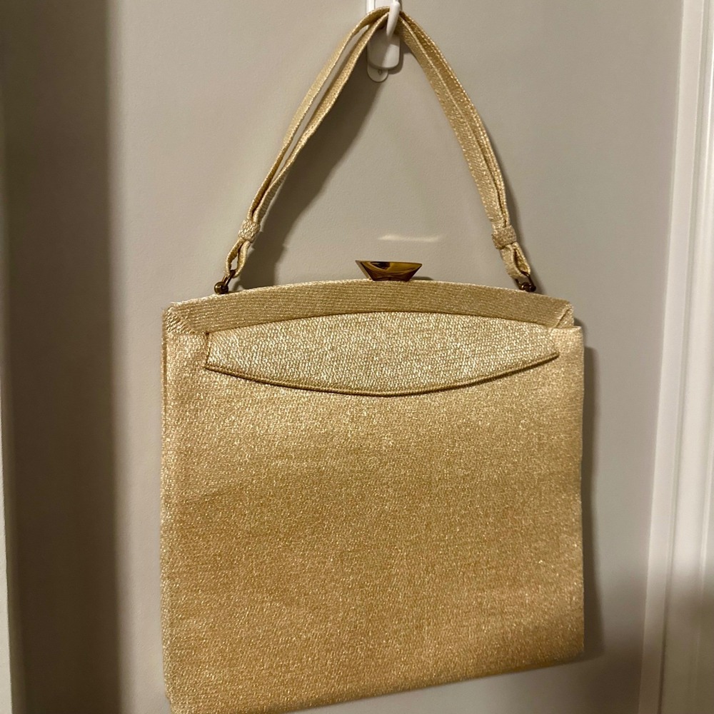Vintage 1950s Lewis Gold Lamé Evening Bag Set Mirror Coin Purse Comb Crown